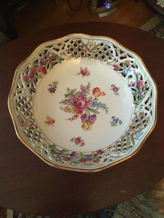 Vtg Schumann Dresden Bavaria Hand Painted Reticulated Fruit Bowl,  “chateau”