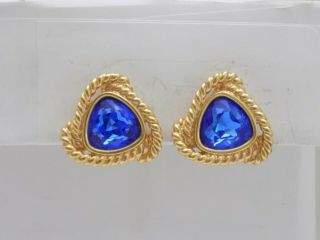 Vintage Swan Signed Swarovski Blue Cabochon Clip Earrings 4854