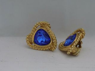Vintage SWAN Signed SWAROVSKI Blue Cabochon Clip Earrings 4854 2