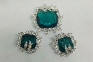 Vintage Sarah Coventry Silver Tone Green Holiday Ice Stone Brooch Earrings