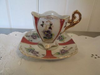 Vintage Hand Painted Violets Cup & Saucer Japan Gilding Footed Cup Lovely