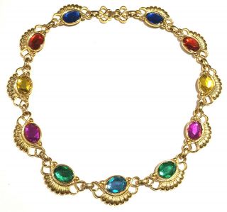 Vtg Runway Gold Tone Multicolored Blue Teal Purple Red Yellow Cabochons Necklace
