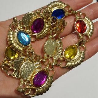 Vtg runway gold tone multicolored blue teal purple red yellow cabochons necklace 4