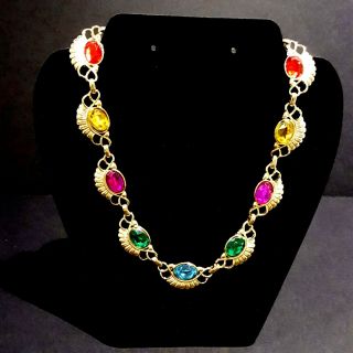 Vtg runway gold tone multicolored blue teal purple red yellow cabochons necklace 5