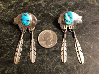 Vintage 2.  5 " Sterling Silver Turquoise Bear Earrings W/ Dangling Feathers 925