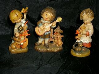 3 Vintage Carved Wood Figures Anri Musicians With Animals 3 " Germany