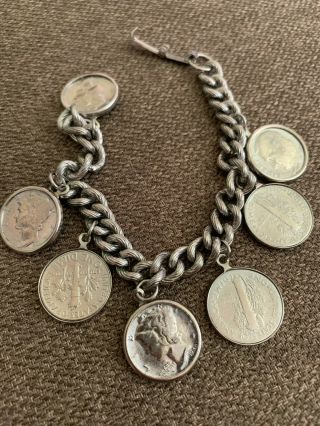Vintage Us Coin Dime Charm Silver Bracelet,  Mercury Liberty,  Roosevelt 1937 - 61