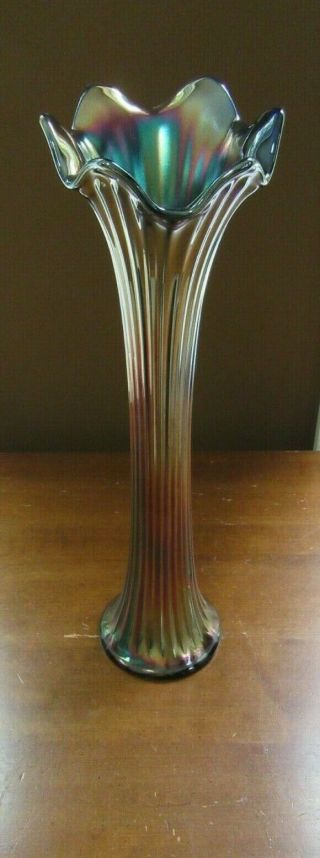 Vintage Fenton Fine Rib Carnival Glass Cobalt Blue Iridescent Swung Vase 15 "