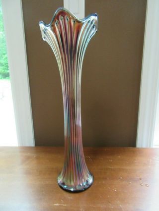Vintage Fenton Fine Rib Carnival Glass Cobalt Blue Iridescent Swung Vase 15 