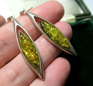 Vintage Jewellery Large Sterling Silver 925 Real Baltic Green Amber Earrings