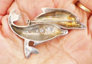 Vintage Signed TH - 90 Mexico Sterling Silver 2 Swimming DOLPHINS Pin 14 grams 2