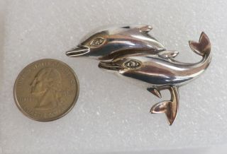 Vintage Signed TH - 90 Mexico Sterling Silver 2 Swimming DOLPHINS Pin 14 grams 3
