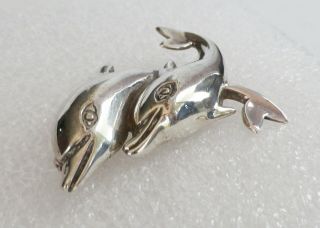 Vintage Signed TH - 90 Mexico Sterling Silver 2 Swimming DOLPHINS Pin 14 grams 4