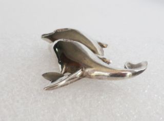 Vintage Signed TH - 90 Mexico Sterling Silver 2 Swimming DOLPHINS Pin 14 grams 5