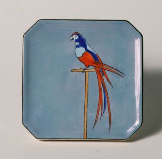 Vintage Art Deco Noritake Sqaure Trivet - Blue Luster With Parrot On Stand