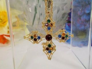 Vintage Fruit Salad Rhinestones Maltese Cross Gold Tone Pendant Necklace