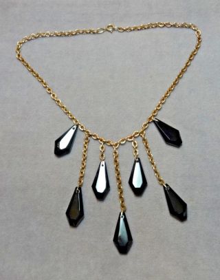 Vtg 1955 Monet Art Deco Irregular Black Onyx Pentagon Drops Brass Bib Necklace