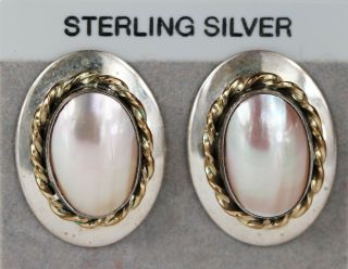 Vintage Signed Vhc Native American Sterling Silver Mother Of Pearl Post Earrings