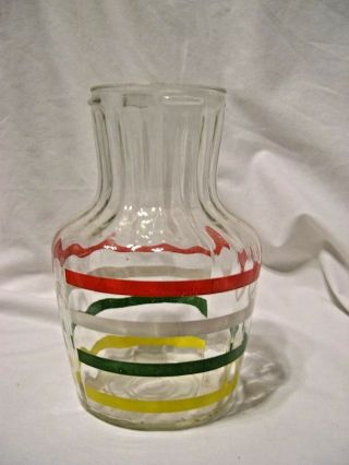 Vintage Kitchen Juice Carafe Pitcher Stripes Ribbed Glass Red Green Yellow White