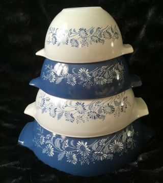 Vintage Pyrex Colonial Mist Cinderella Mixing Bowl Set Blue White Flowers