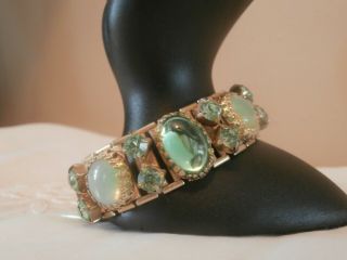 Vintage Gold Tone Link Bracelet Light Green Cabochon & Rhinestones