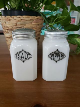 Vintage Hazel Atlas Lg Sq Salt Pepper Shakers Milk Glass Black Shield