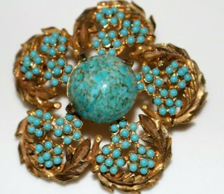 Pretty Vintage Turquoise Art Glass Cabochon Flower Brooch
