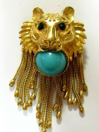 Vintage Tiger Cascade Brooch Pin Pendant Blue Cabochon In Mouth Rhinestone Eyes