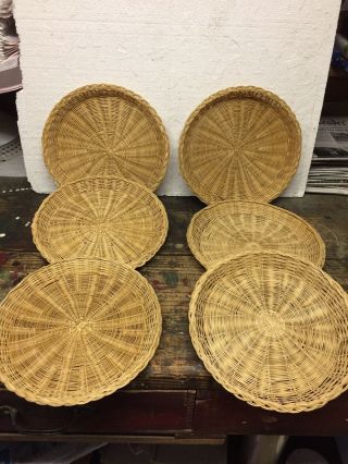 6 Vintage Straw Wicker Woven Rattan Round Placemats Plate Holders Picnic 74