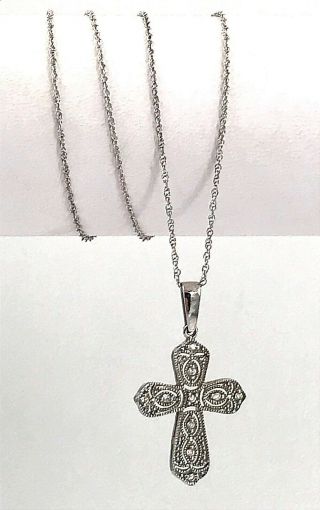 Vintage.  925 Sterling Silver & Cubic Zirconia Petite Ornate Cross Necklace 18 "