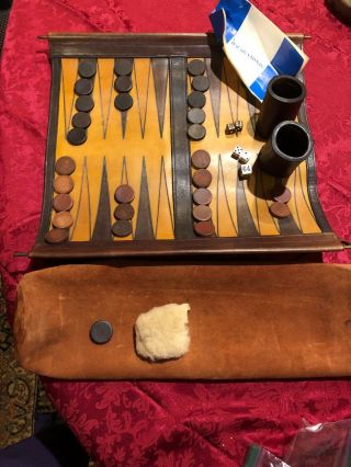 Vintage Leather Backgammon Game Set Rolls Up Travel Suede Bag
