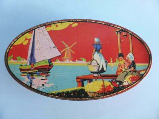 Vintage Red Oval Dutch Biscuit Tin,  Mid Century,  1950s,  Windmill River Scene