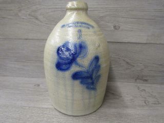 Vintage Beaumont Pottery York Maine Salt Glazed Jug Blue Flower Pattern 1988
