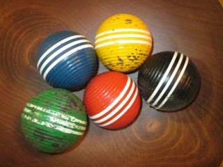 Set Of 5 Vintage Croquet Balls Ribbed 3 Stripes Striped 3 " Diameter