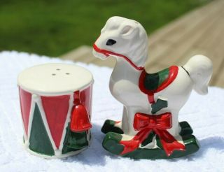 Vintage Christmas Rocking Horse And Drum Salt And Pepper Shakers - Lefton 2246