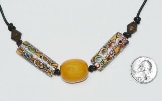 Vintage Venetian Millefiori Trade Beads,  Lge Amber Stone Leather Cord