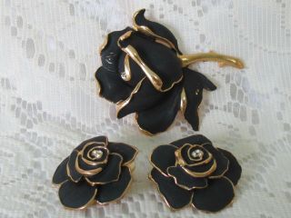 Vintage Black Enamel And Gold Rose Brooch Pendant & Earrings Set H5