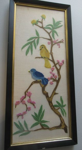 Vintage Framed Floral Birds On Tree Branch Embroidery Linen Art Embroidered