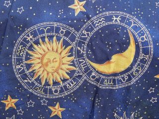 Vintage Zodiac Astrology Sun Moon Stars,  Metalliic Cotton Fabric,  By Yd.  X 44 " W