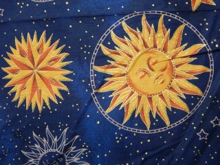 Vintage ZODIAC ASTROLOGY Sun Moon Stars,  Metalliic Cotton Fabric,  by yd.  x 44 