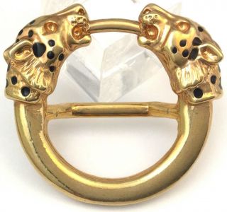 Vintage Scarf Slide Jaguar Lion Fierce Gold Tone Metal Enamel Detail Jewelry