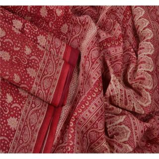 Sanskriti Vintage Dark Red Saree 100 Pure Silk Printed Craft Decor Fabric Sari 2