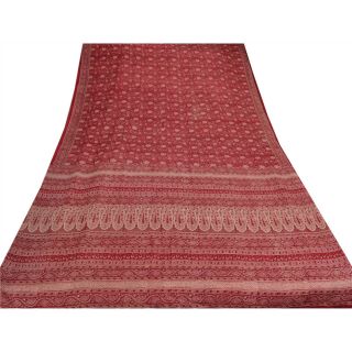 Sanskriti Vintage Dark Red Saree 100 Pure Silk Printed Craft Decor Fabric Sari 3
