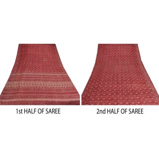 Sanskriti Vintage Dark Red Saree 100 Pure Silk Printed Craft Decor Fabric Sari 4