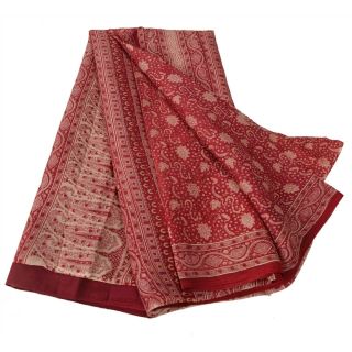 Sanskriti Vintage Dark Red Saree 100 Pure Silk Printed Craft Decor Fabric Sari 5