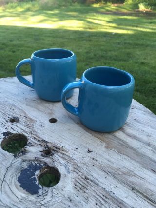 Two (2) Wellfleet Pottery Blue Mugs / Coffee Cups Vintage Cape Cod Redware