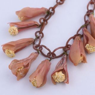 Vintage 1940’s Celluloid Chain Dusty Pink Flower Dangle Cluster Necklace