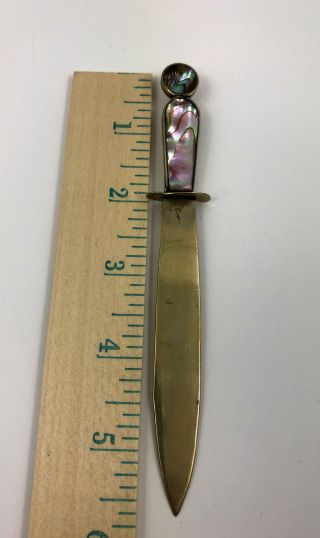 Vintage Alpaca Silver Metal Letter Opener With Albalone Shell Handle