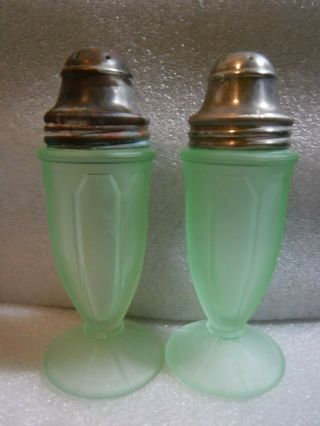 Vintage Hazel Atlas Satin Green Vaseline Depression Glass Salt Pepper Shakers