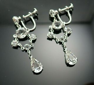 Vintage Sterling Silver Open Crystal Dangle Screw Back Earrings Bridal Perfect